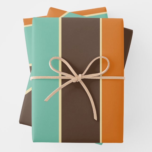 Green, black and orange stripes pattern wrapping paper sheets (In situ)