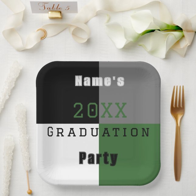 Green black and white custom graduation party paper plates (Wedding)