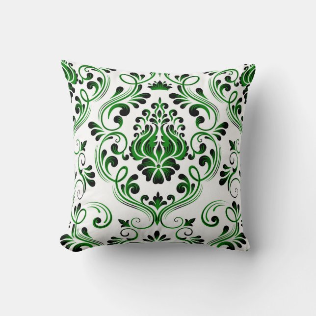 Green Black and White Damask Floral Pattern  Throw Pillow (Front)