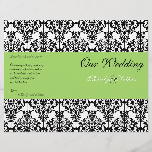 Green, Black, and White Damask Wedding Program (Front)
