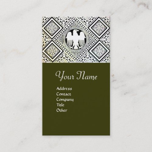 GREEN BLACK AND WHITE ROMAN EAGLE DAMASK MOTIFS BUSINESS CARD