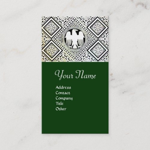 GREEN BLACK AND WHITE ROMAN EAGLE DAMASK MOTIFS BUSINESS CARD