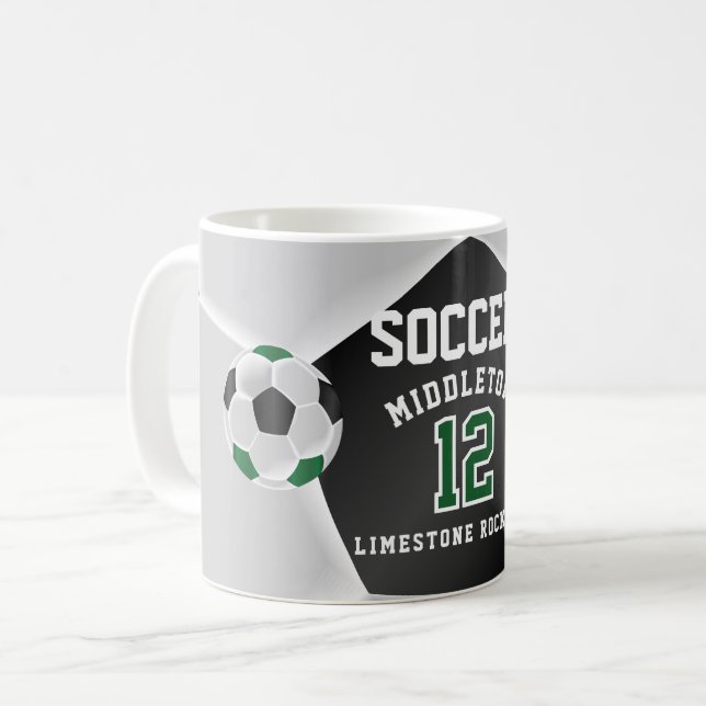 Green, Black and White ⚽ Soccer Sport Coffee Mug (Front Left)