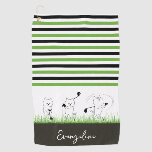 Green Black and White Stripe Cat Golfer Golf Towel