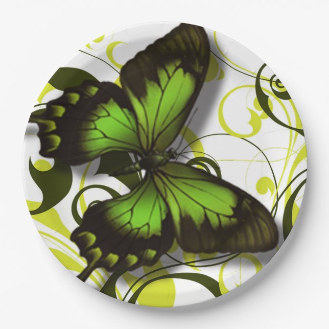Green Black and Yellow Butterfly Artwork Scrolls Paper Plates (Front)