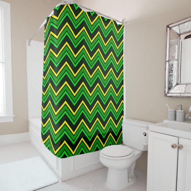 Green, black and yellow chevron zigzag shower curtain (In Situ)