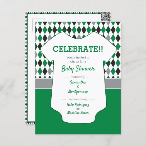 Green  Black Argyle Pattern Baby Shower Postcard