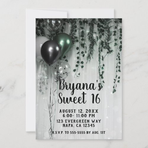Green Black Balloons Ivy Jungle Party Sweet 16 Invitation