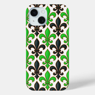 Green Black Baroque Fleur-de-lis Pattern Design  iPhone 15 Case