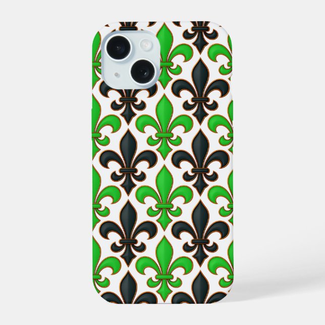 Green Black Baroque Fleur-de-lis Pattern Design  Iphone Case (Back)