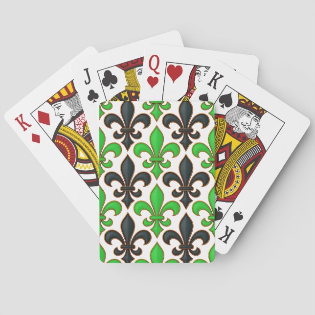 Green Black Baroque Fleur-de-lis Pattern Design  Poker Cards (Back)