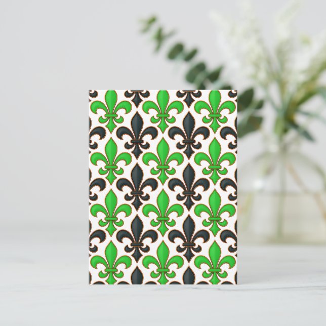Green Black Baroque Fleur-de-lis Pattern Design  Postcard (Standing Front)