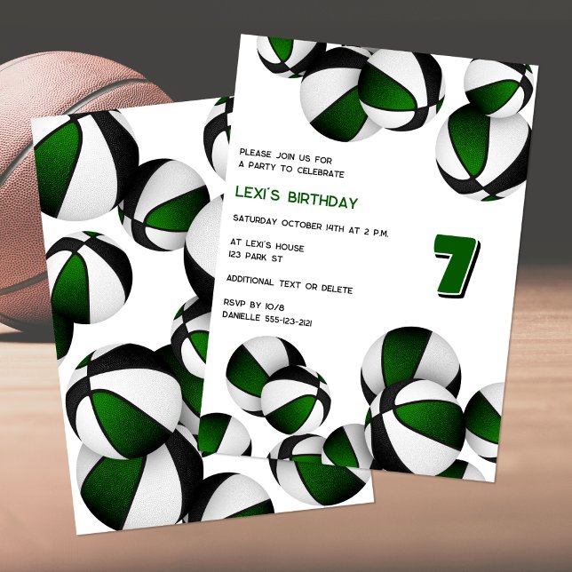 green black basketballs kids sports birthday invitation (front & back views)