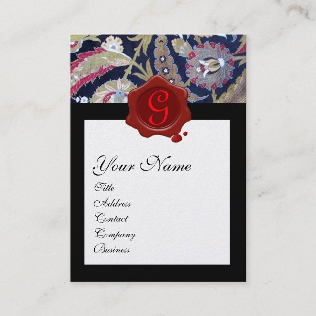 GREEN & BLACK BLUE DAMASK, RED WAX SEAL MONOGRAM BUSINESS CARD (Front)