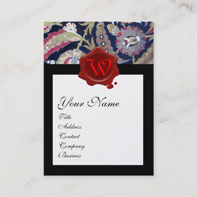 GREEN & BLACK BLUE DAMASK, RED WAX SEAL MONOGRAM BUSINESS CARD (Front)