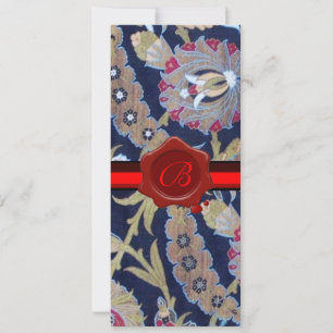 GREEN & BLACK BLUE DAMASK, RED WAX SEAL MONOGRAM INVITATION