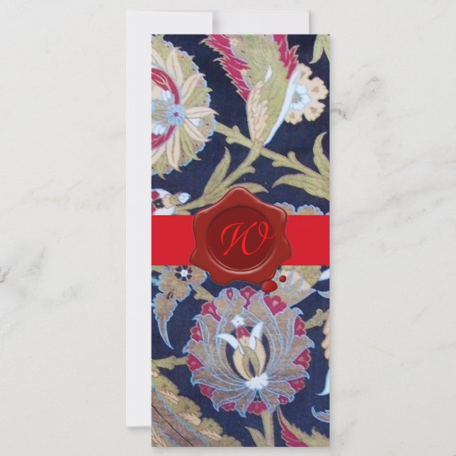 GREEN & BLACK BLUE DAMASK, RED WAX SEAL MONOGRAM INVITATION (Front)