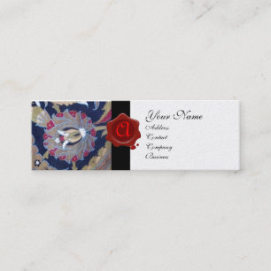 GREEN & BLACK BLUE DAMASK, RED WAX SEAL MONOGRAM MINI BUSINESS CARD