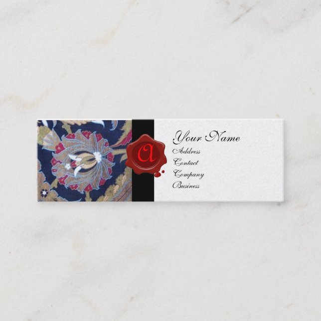 GREEN & BLACK BLUE DAMASK, RED WAX SEAL MONOGRAM MINI BUSINESS CARD (Front)