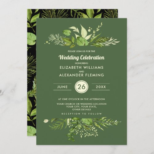 Green Black Botanical Watercolor Wedding  Invitation