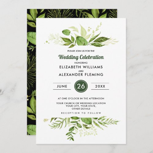 Green Black Botanical Watercolor Wedding Invitation