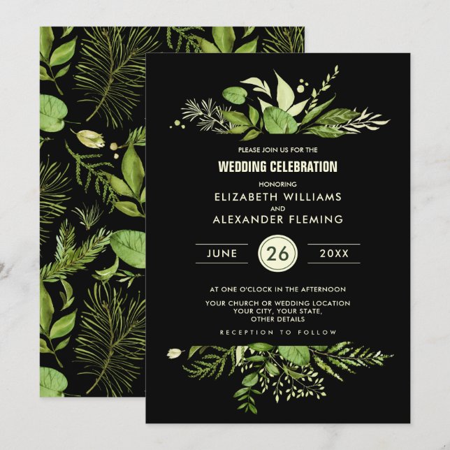 Green Black Botanical Watercolor Wedding Invitation (Front/Back)