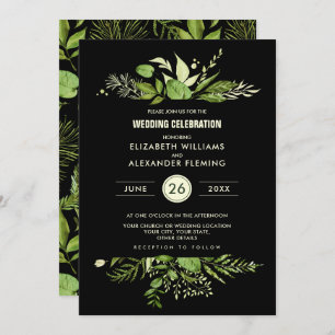 Green Black Botanical Watercolor Wedding Invitation
