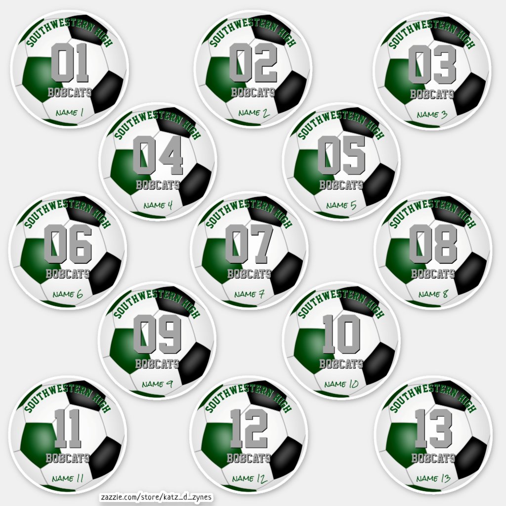 green black boys girls soccer party set of 13 stickers