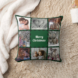 Green Black Buffalo Check Holiday Photo Collage Throw Pillow