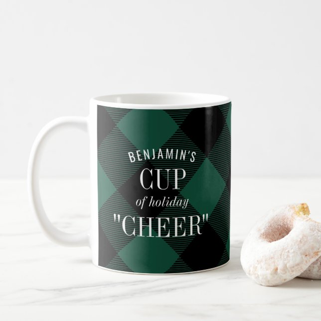 Green Black Buffalo Check Plaid Funny Christmas Coffee Mug (With Donut)
