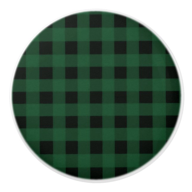 Green Black Buffalo Checker Plaid Country Rustic Ceramic Knob (Front)