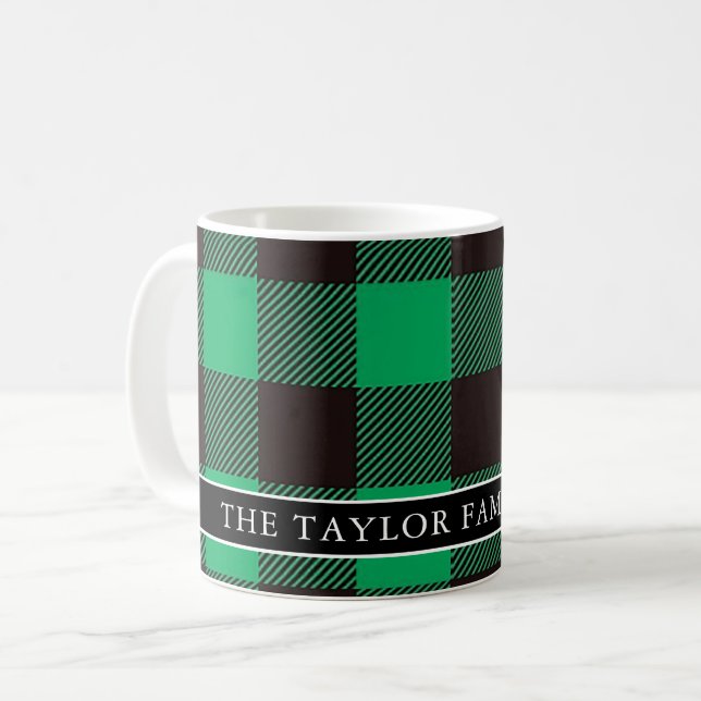 Green & Black Buffalo Family Name Christmas Coffee Mug (Front Left)