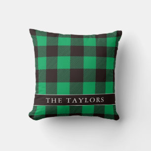 Green & Black Buffalo Family Name Rustic Throw Pillow