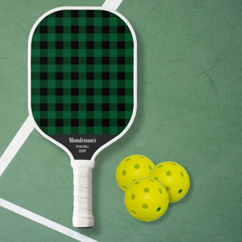 Green Black Buffalo Plaid Check Custom Text Pickleball Paddle