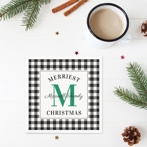 Green Black Buffalo Plaid Christmas Monogram Napkins