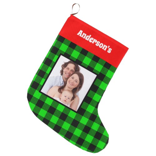 Green Black Buffalo Plaid  Family Photo Name Large Christmas Stocking