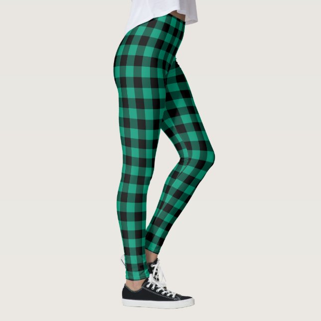 Green Black Buffalo Plaid Farmhouse Checke Pattern Leggings (Right)