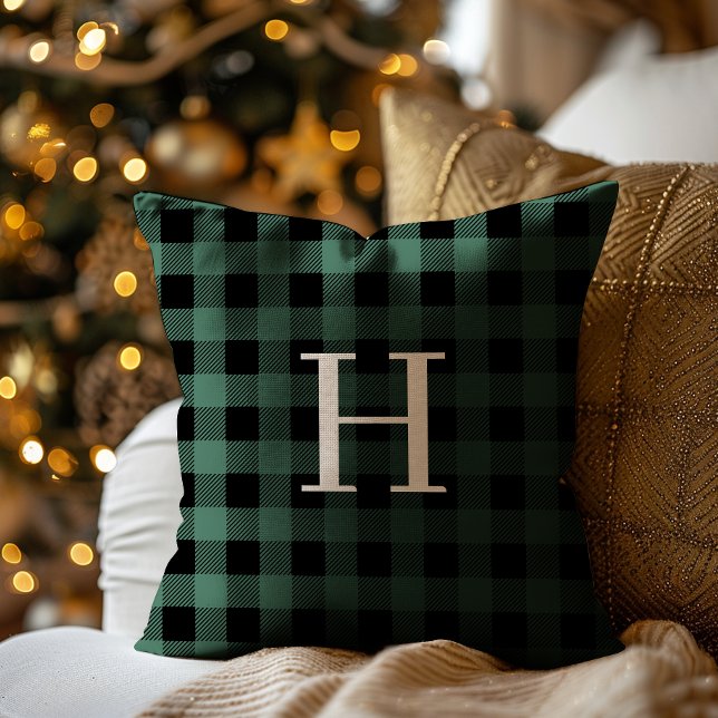 GREEN Black Buffalo Plaid Monogram Holiday Throw Pillow (Creator Uploaded)