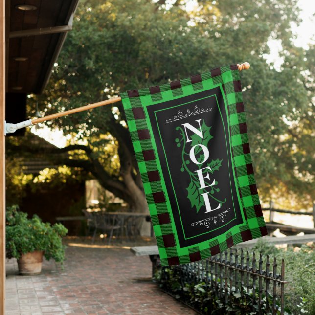Green & Black Buffalo Plaid NOEL Christmas House Flag (In SItu)