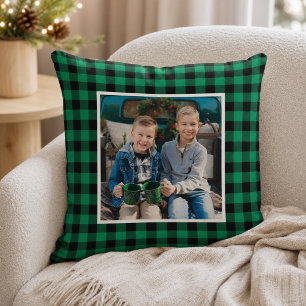 Green Black Buffalo Plaid Photo Christmas Throw Pillow