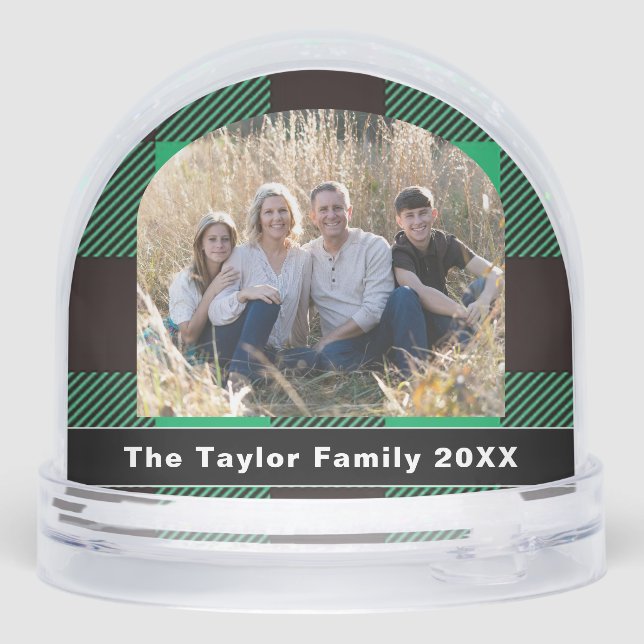 Green & Black Buffalo Plaid Tartan Family Photo Snow Globe (Back)