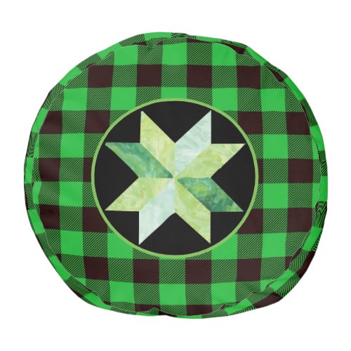 Green  Black Buffalo Plaid with Quilt Star Look Pouf