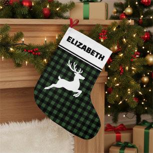 Green & Black Buffalo Plaid with Reindeer Custom Large Christmas Stocking