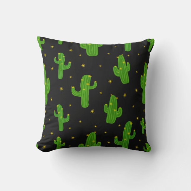 Green Black Cartoon Cactus Plant Patterned Throw Pillow (Front)