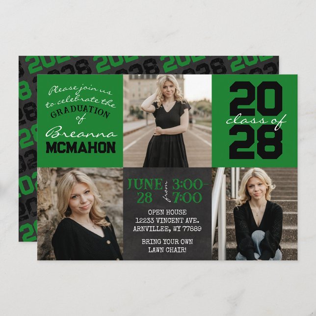 Green & Black Chalkboard 3 Photo Graduation Invitation (Creator Uploaded)