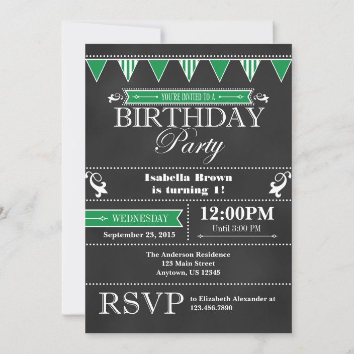 Green Black Chalkboard Birthday Invitation