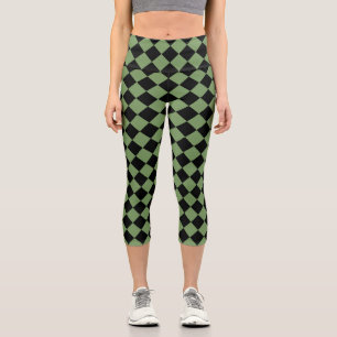 Green Black Checker Diamond Pattern Capri Leggings