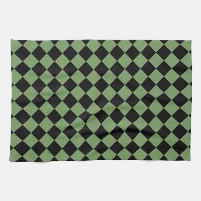 Green Black Checker Diamond Pattern  Kitchen Towel (Horizontal)