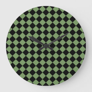 Green Black Checker Diamond Pattern Large Clock