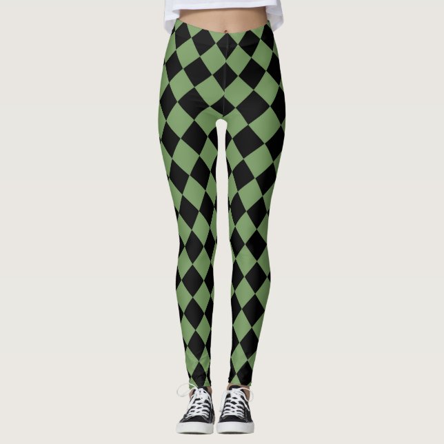 Green Black Checker Diamond Pattern  Leggings (Front)